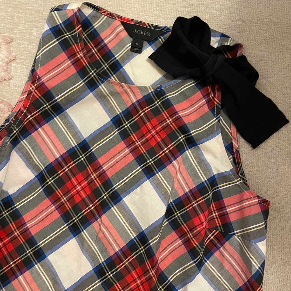 J.Crew Holiday Tartan Plaid Sleeveless Top with Bow Tie Detail, Size 0